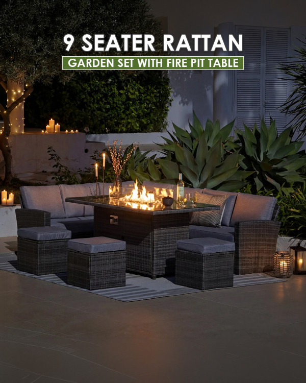 9 Seater Rattan Garden Set with Fire Pit Table