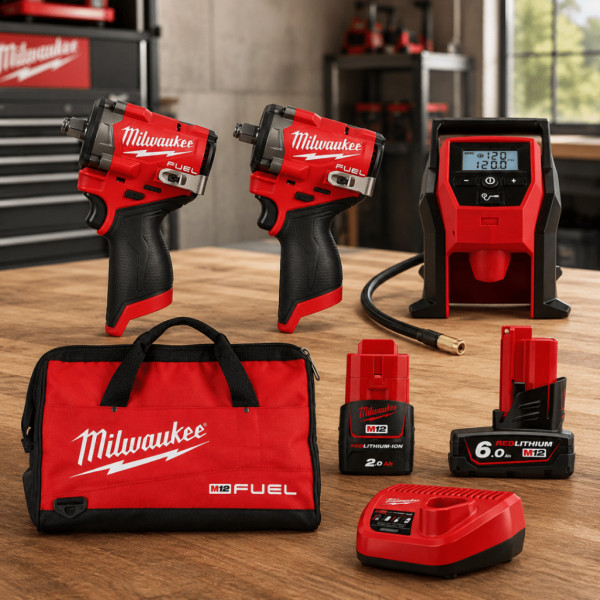 Milwaukee M12 Fuel 3pc Kit + 2 x 6Ah Batteries, Charger & Bag
